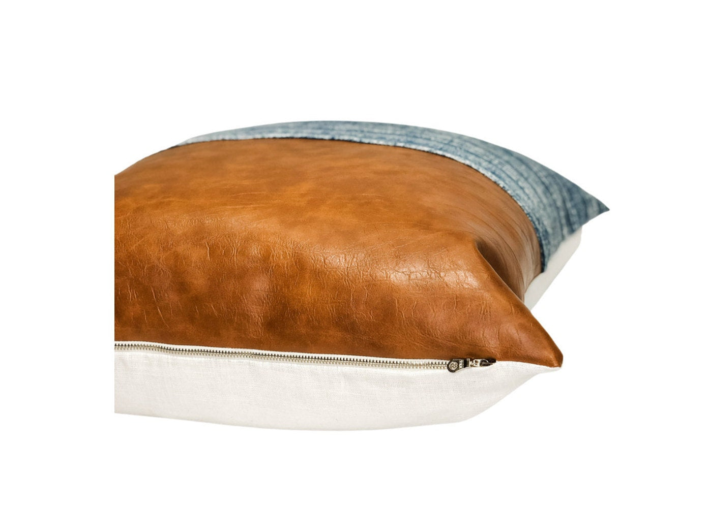 Blue Woven & Faux Leather Pillow Cover: Modern Farmhouse Throw Pillow Cushion
