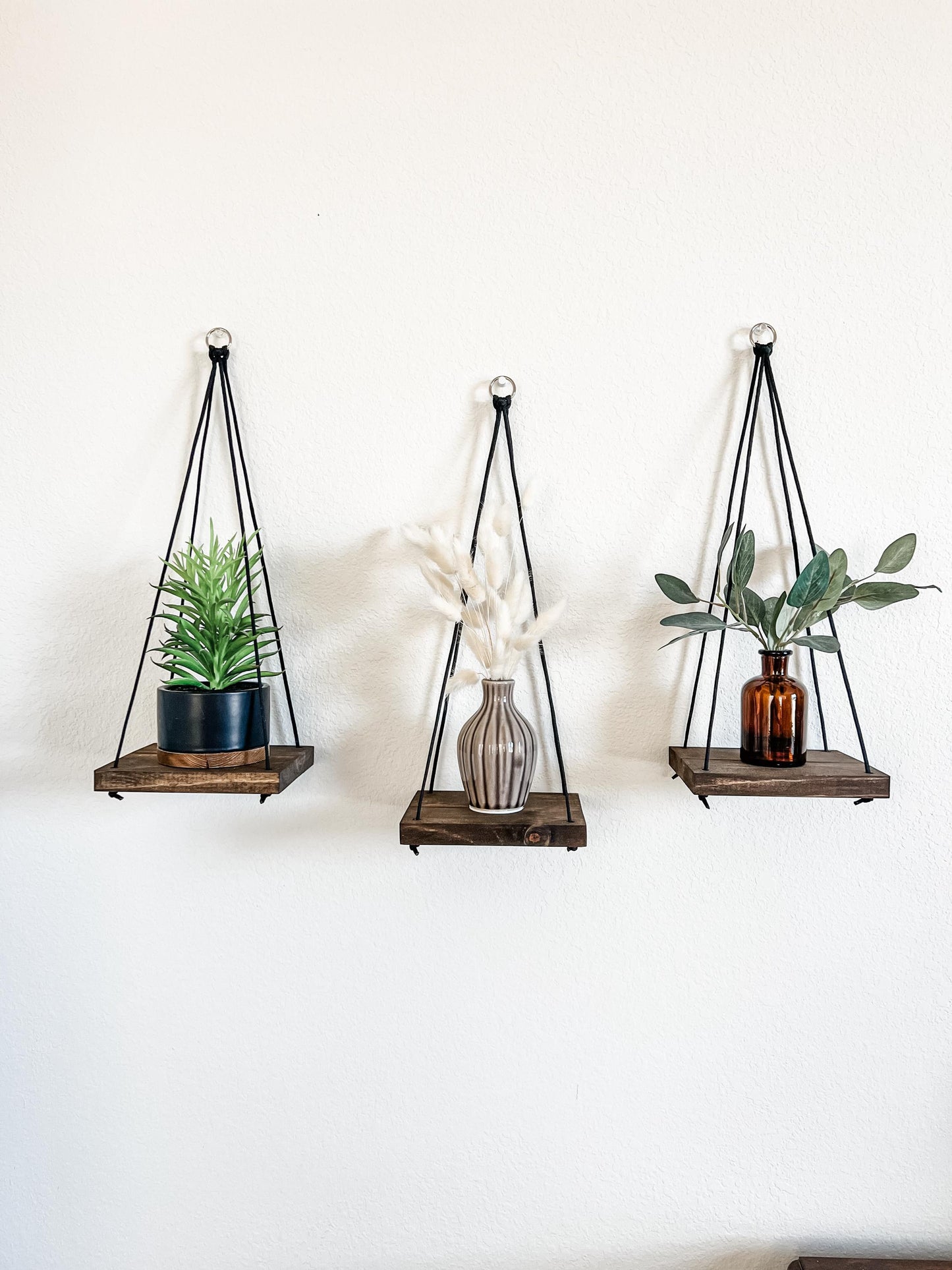 Wood Hanging Shelves Set of 3: Espresso Stain, Black Rope, Small Space