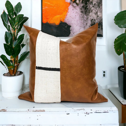 Faux Leather Mudcloth Pillow Cover: White &  Black Dash, Boho Throw Pillow