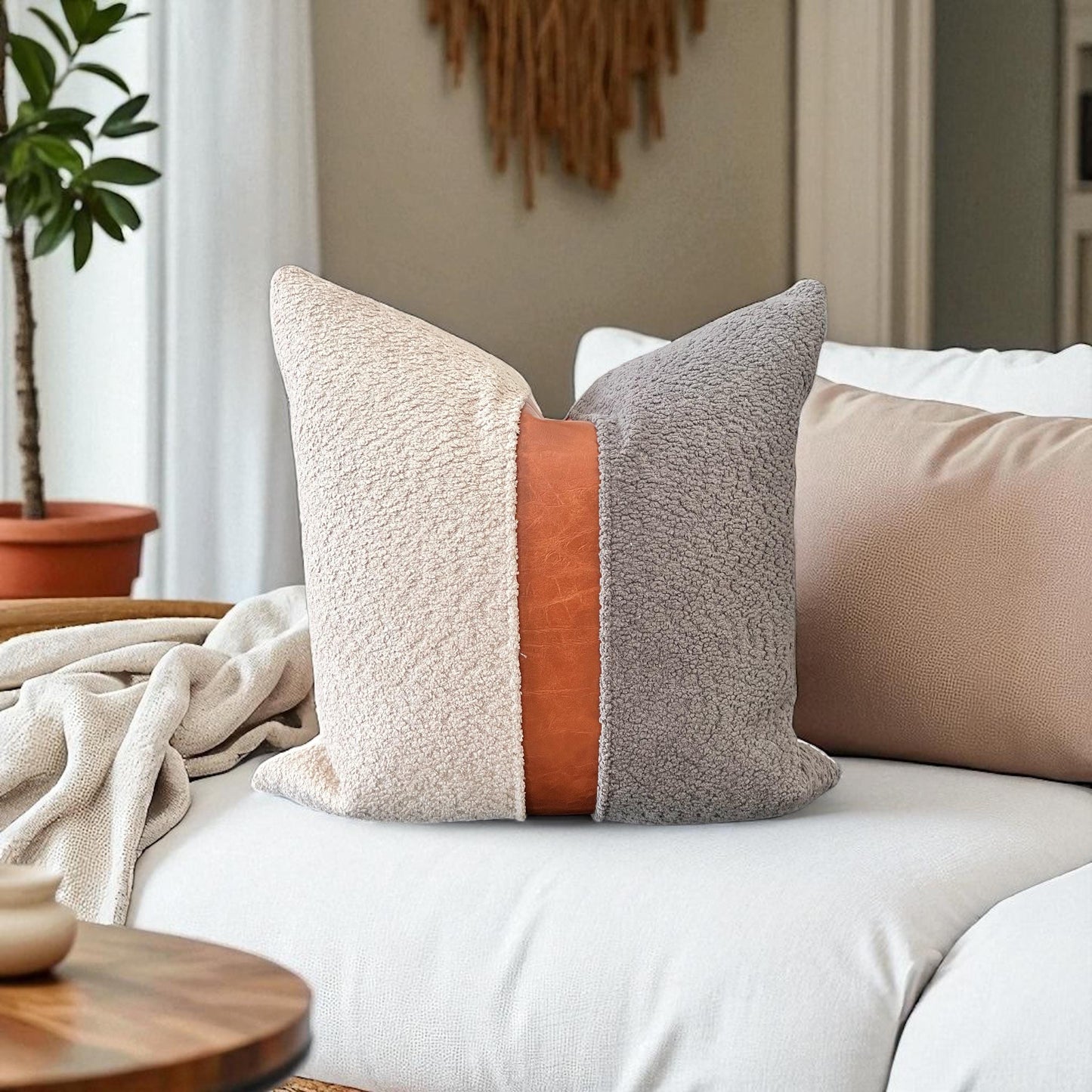 Cognac Faux Leather & Grey Woven Pillow Cover: Farmhouse Decorative Throw Cushions