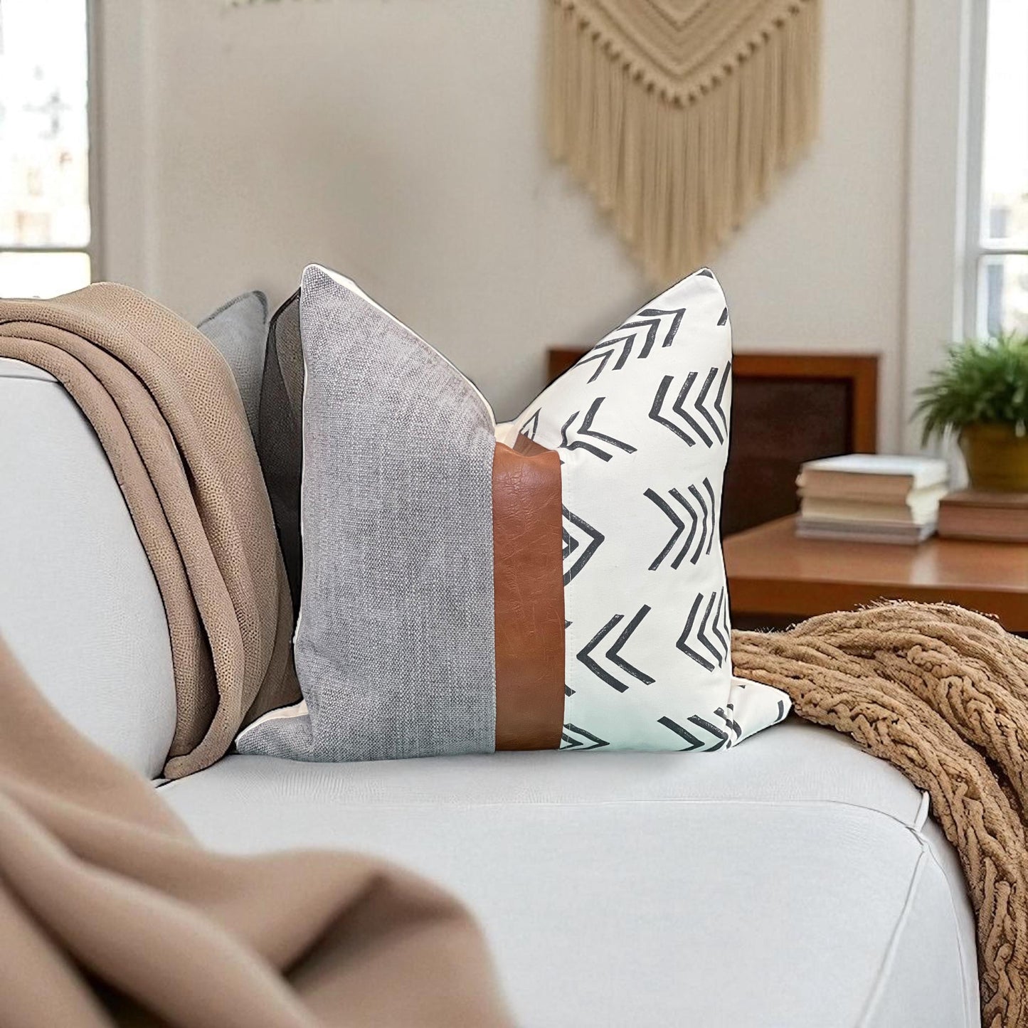 Grey, Boho Geometric Pattern, Cognac Faux Leather: Throw Cushion Case