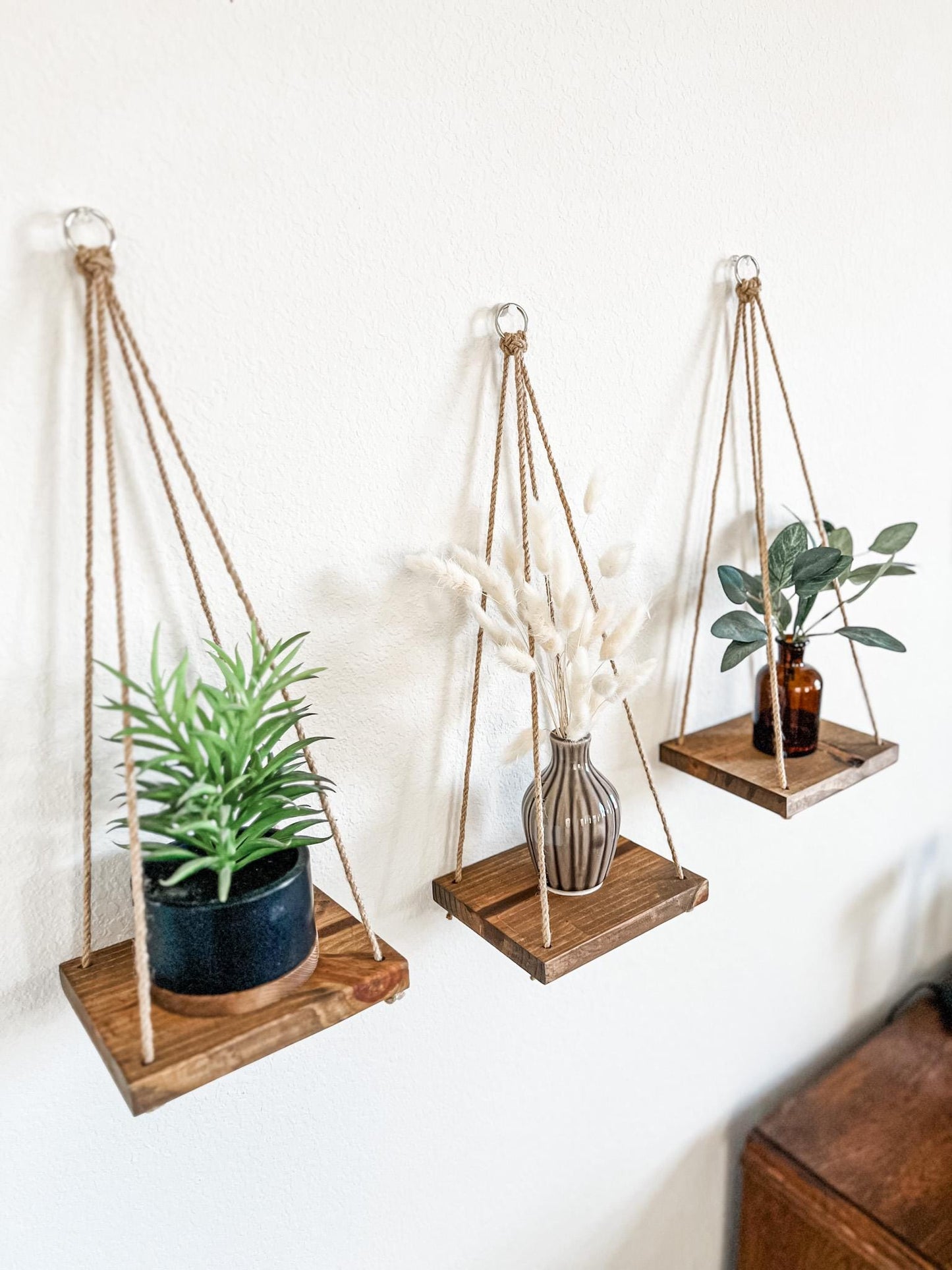Wood Hanging Shelf Set of 3: Early American Stain, Boho Wall Decor