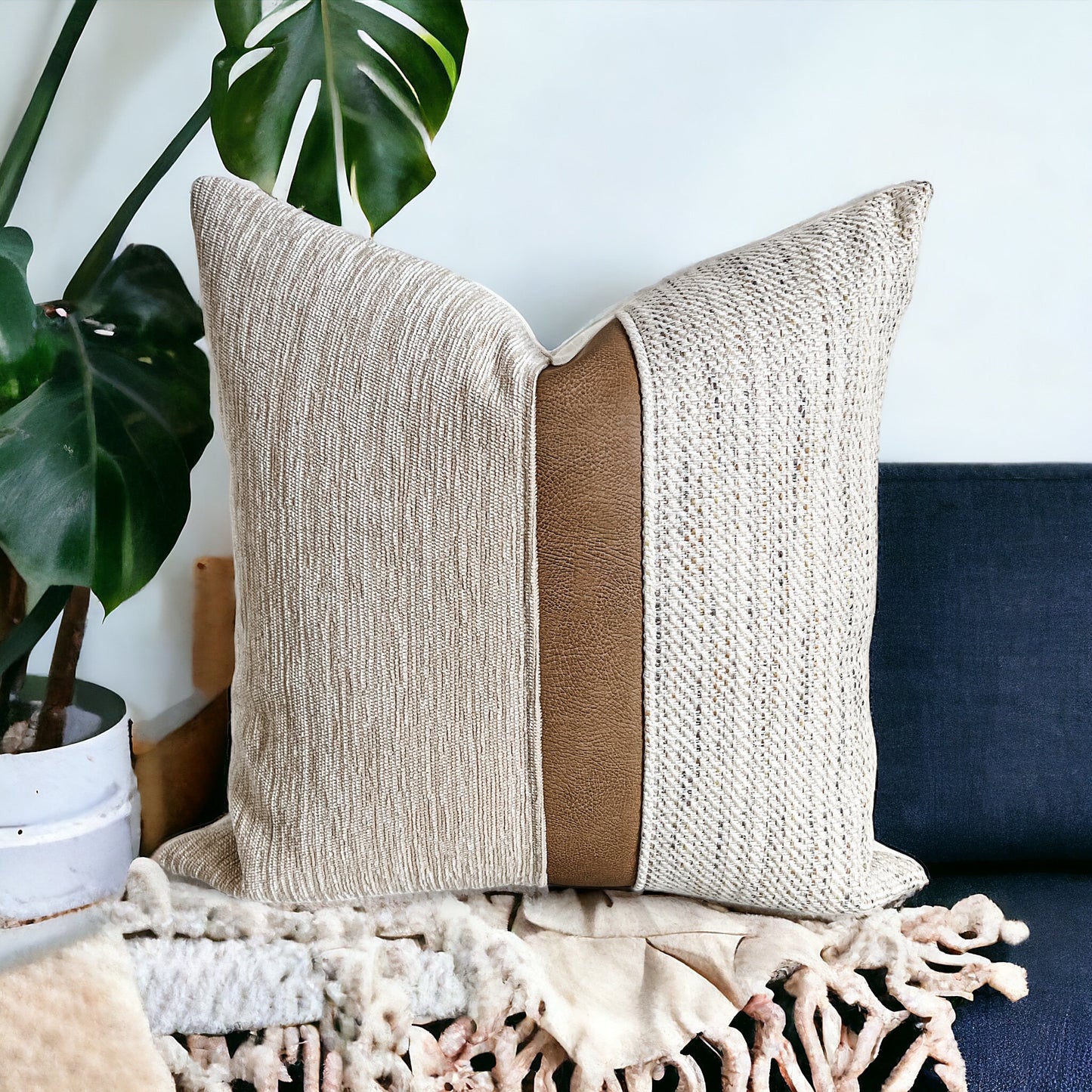 Textured Cream Pillow Cover with Cognac Stripe