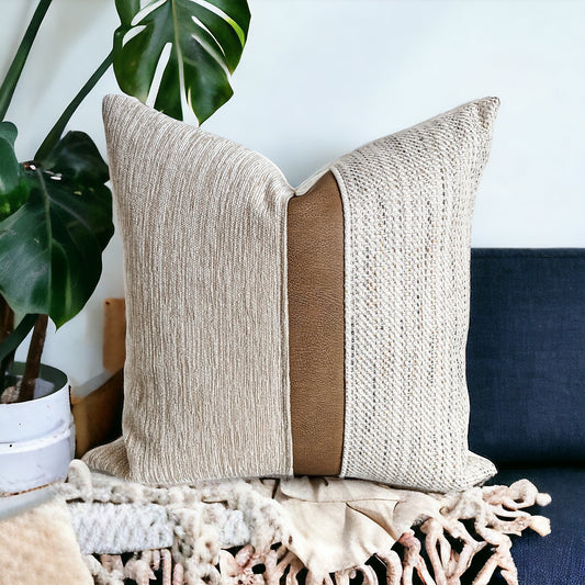 Textured Cream Pillow Cover with Cognac Stripe