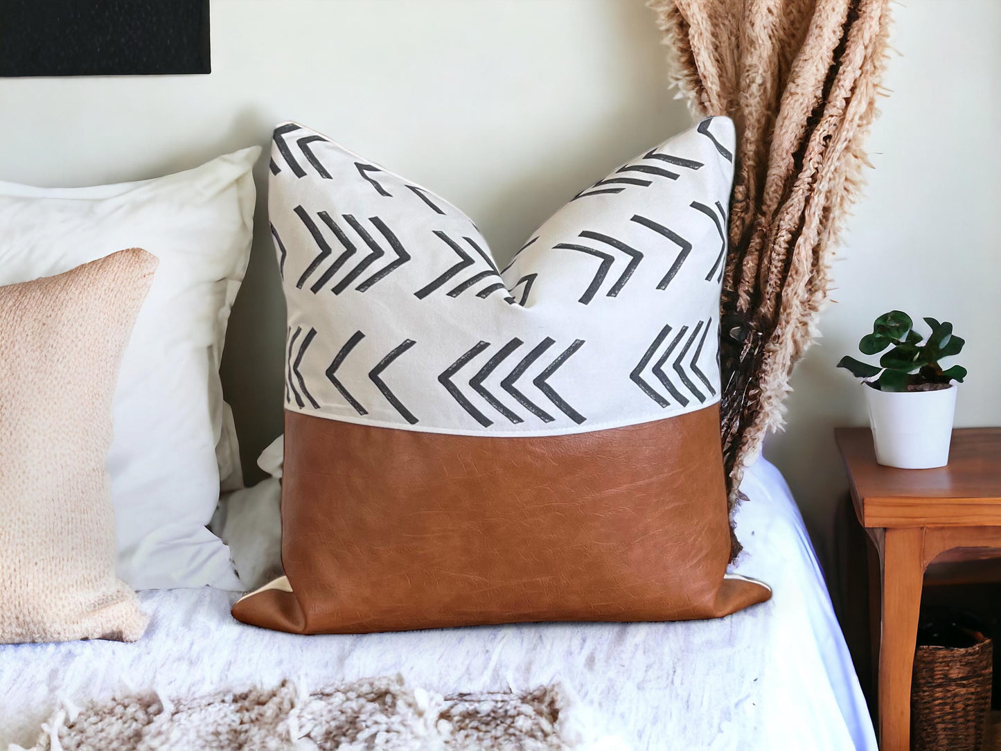 Boho Throw Pillow Cover: Cognac Faux Leather, White with Black Arrows, Farmhouse Decor