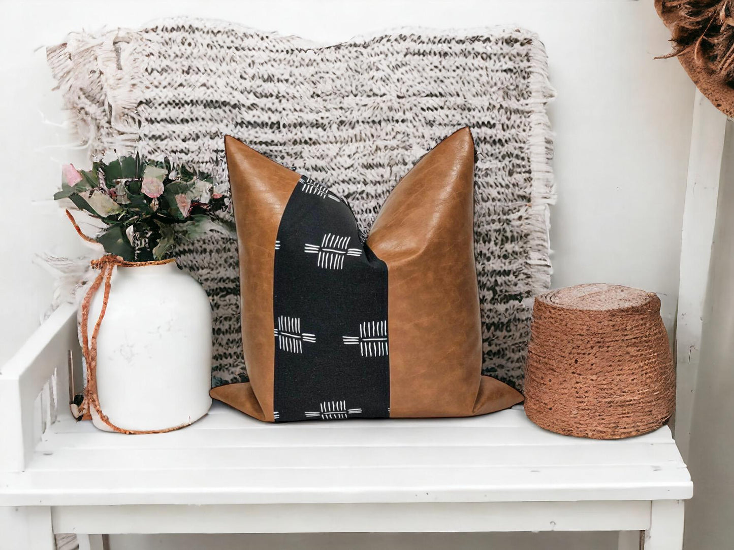 Handmade Faux Leather Pillow Cover: Color Block Accent, Rustic Farmhouse Throw Pillow