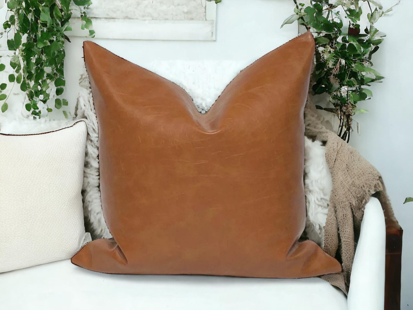 Cognac Faux Leather Pillow Cover: Rustic Modern Accent Cushion, Throw Pillow
