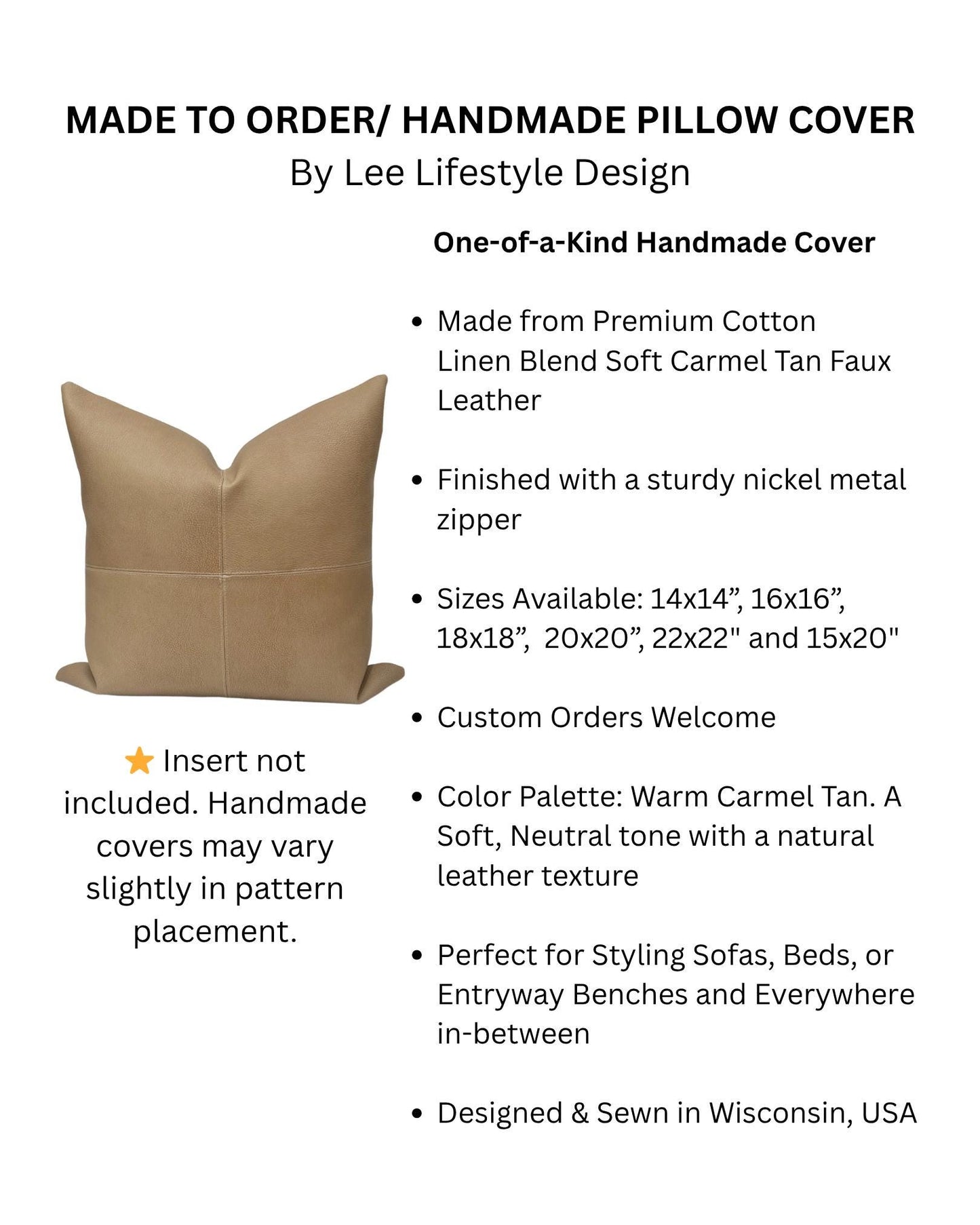 Tan Faux Leather Pillow Cover, Hand Stitched, Modern Farmhouse Throw Pillow