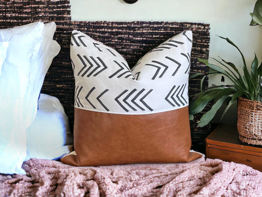 Boho Throw Pillow Cover: Cognac Faux Leather, White with Black Arrows, Farmhouse Decor