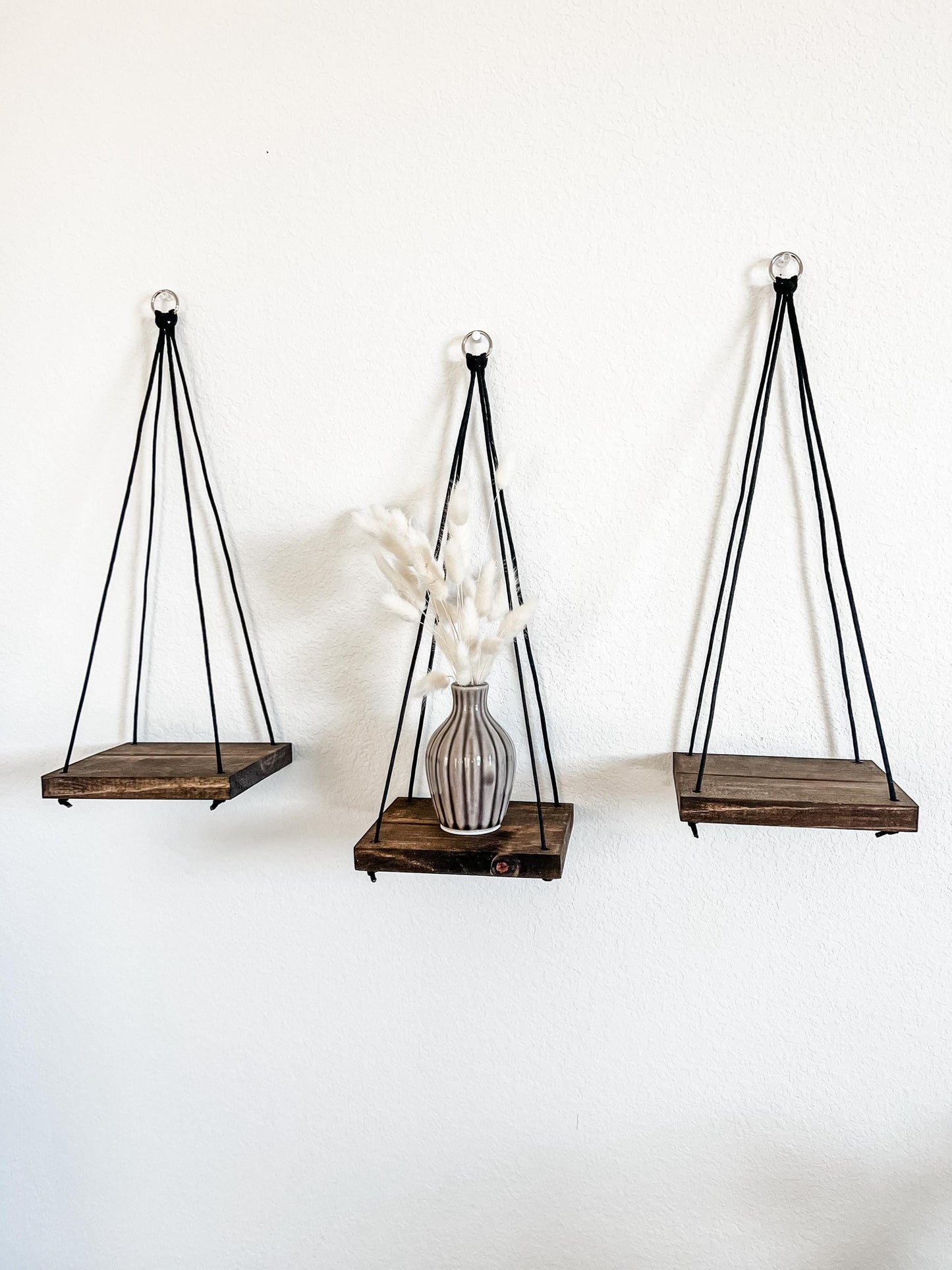 Wood Hanging Shelves Set of 3: Espresso Stain, Black Rope, Small Space