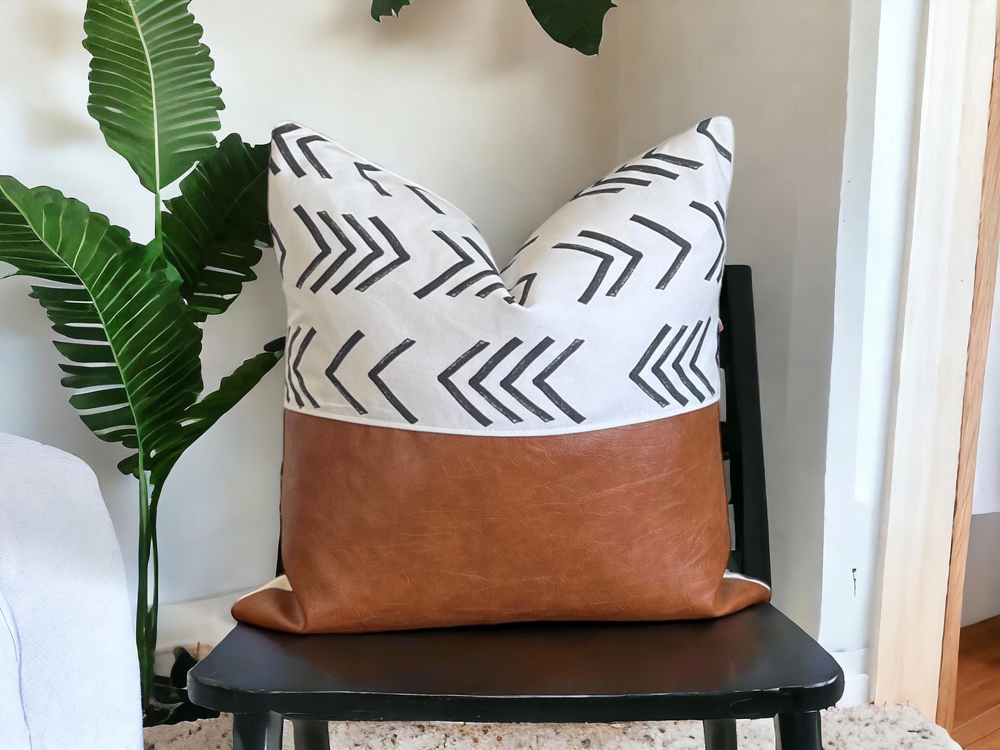 Mudcloth Inspired Print, Cognac Faux Leather Cushion: Boho Throw Pillow