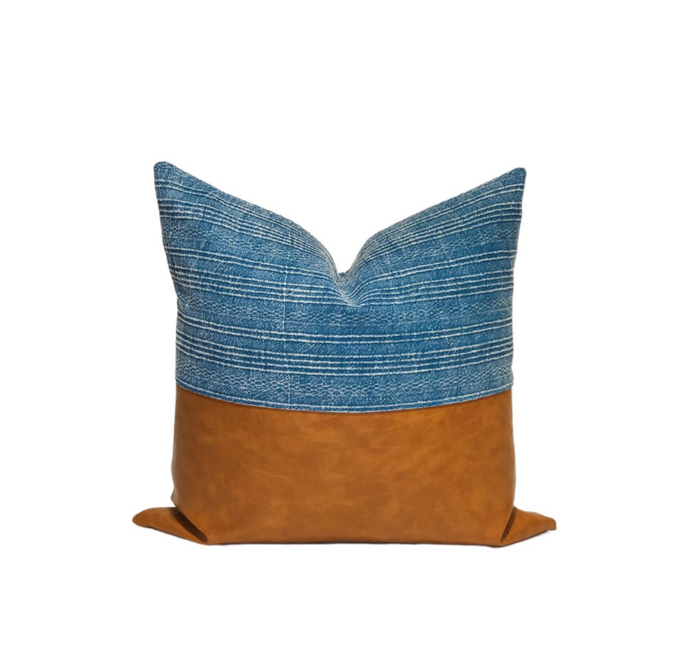 Blue Woven & Faux Leather Pillow Cover: Modern Farmhouse Throw Pillow Cushion