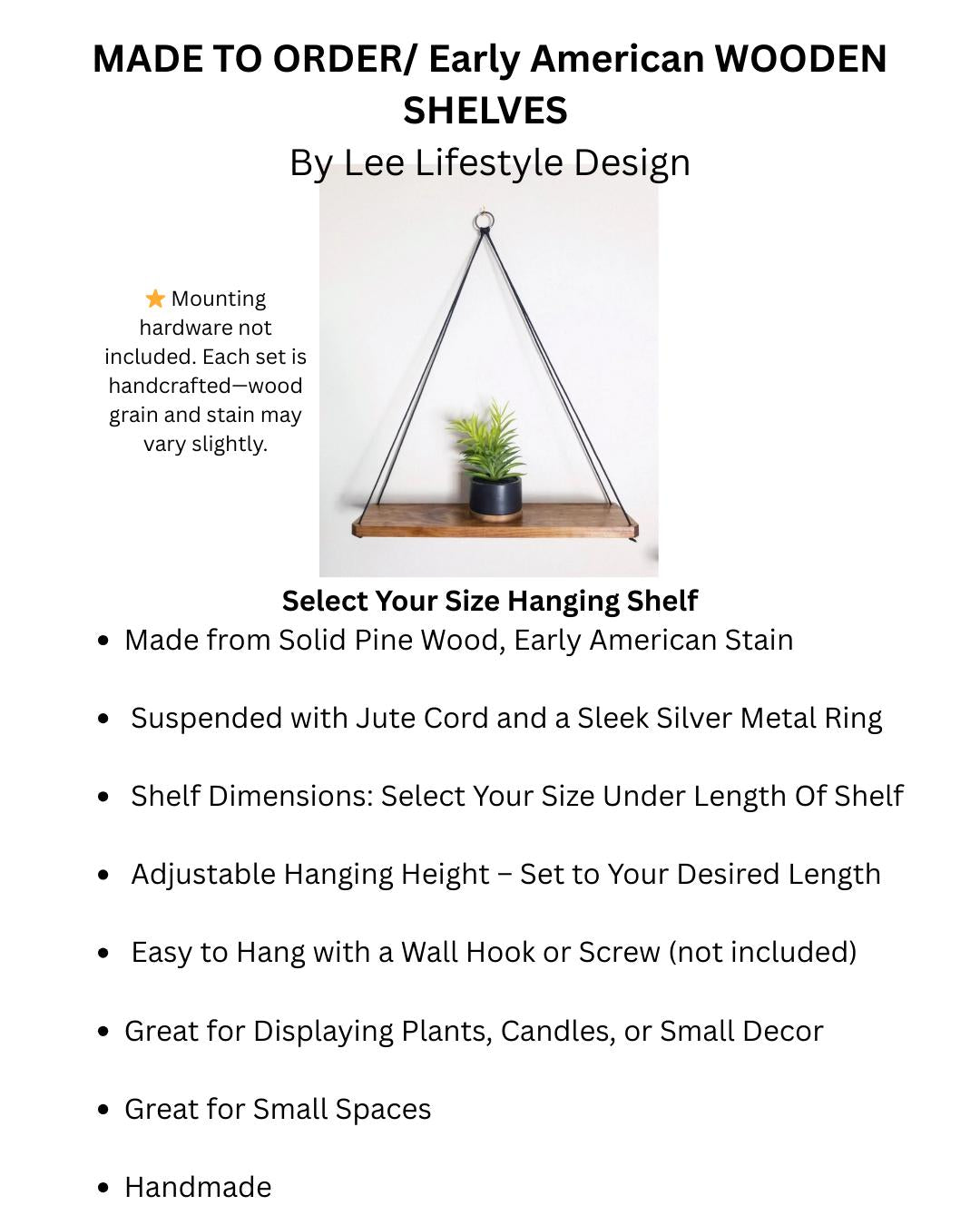Wood Hanging Shelf: Handmade Farmhouse Decor with Black Rope & Silver Ring