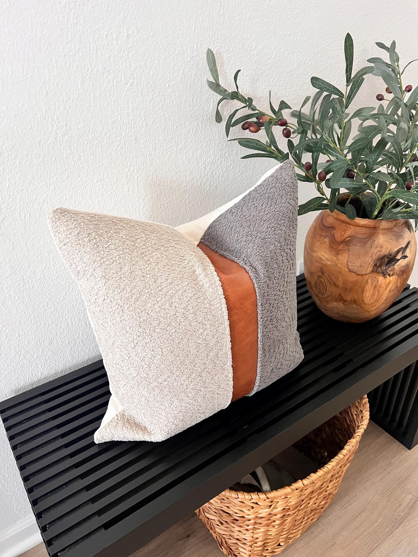 Cognac Faux Leather & Grey Woven Pillow Cover: Farmhouse Decorative Throw Cushions