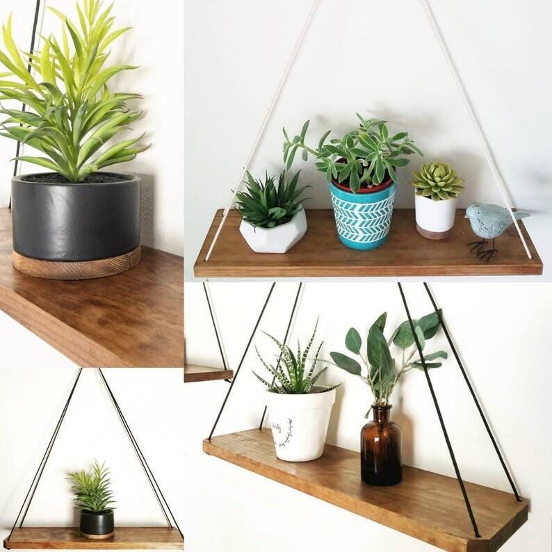 Wood Hanging Shelf: Handmade Farmhouse Decor with Black Rope & Silver Ring