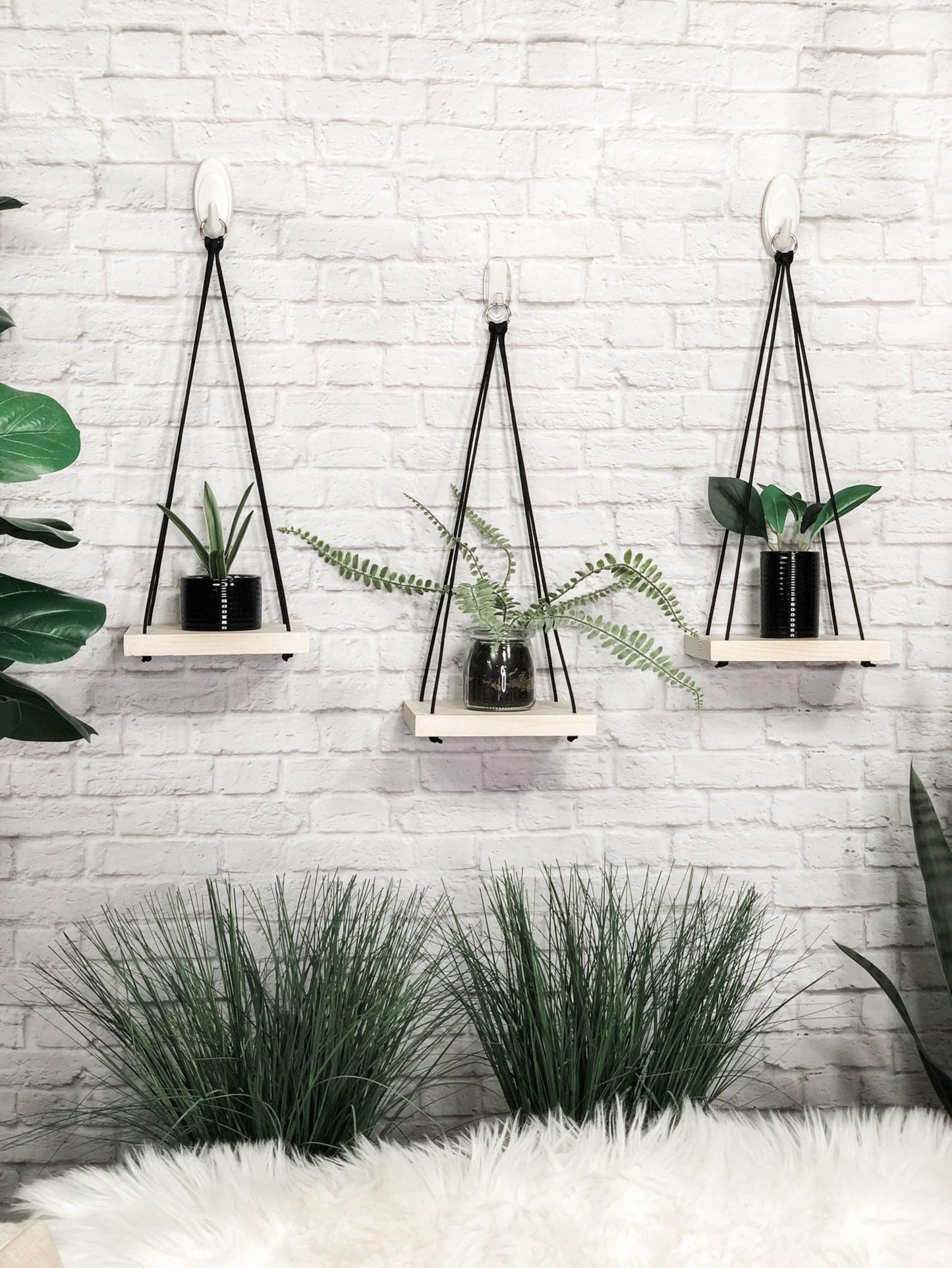 Whitewashed Wood Hanging Shelves Set of 3: Rustic Farmhouse Wall Decor & Plant Decor