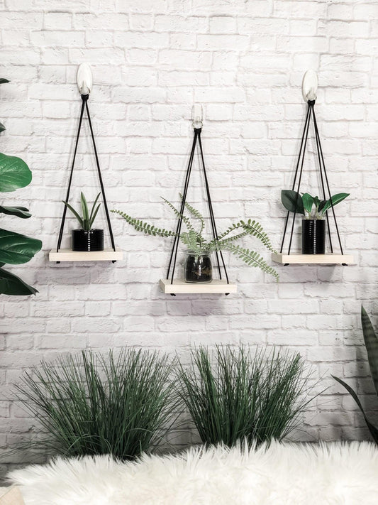 Whitewashed Wood Hanging Shelves Set of 3: Rustic Farmhouse Wall Decor & Plant Decor