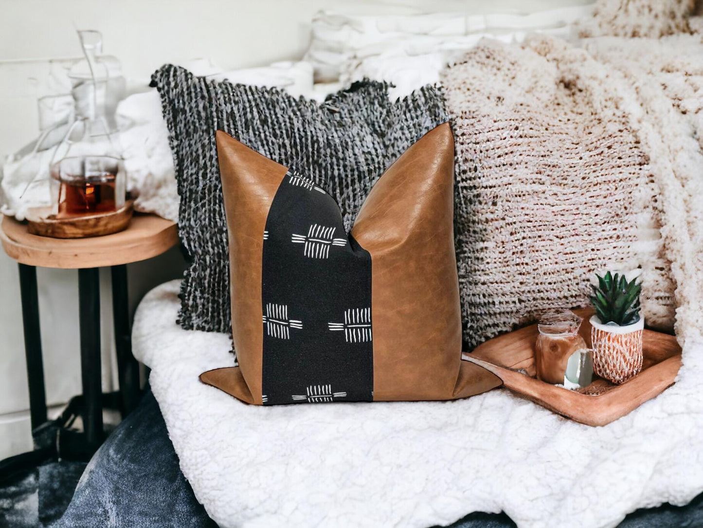 Handmade Faux Leather Pillow Cover: Color Block Accent, Rustic Farmhouse Throw Pillow