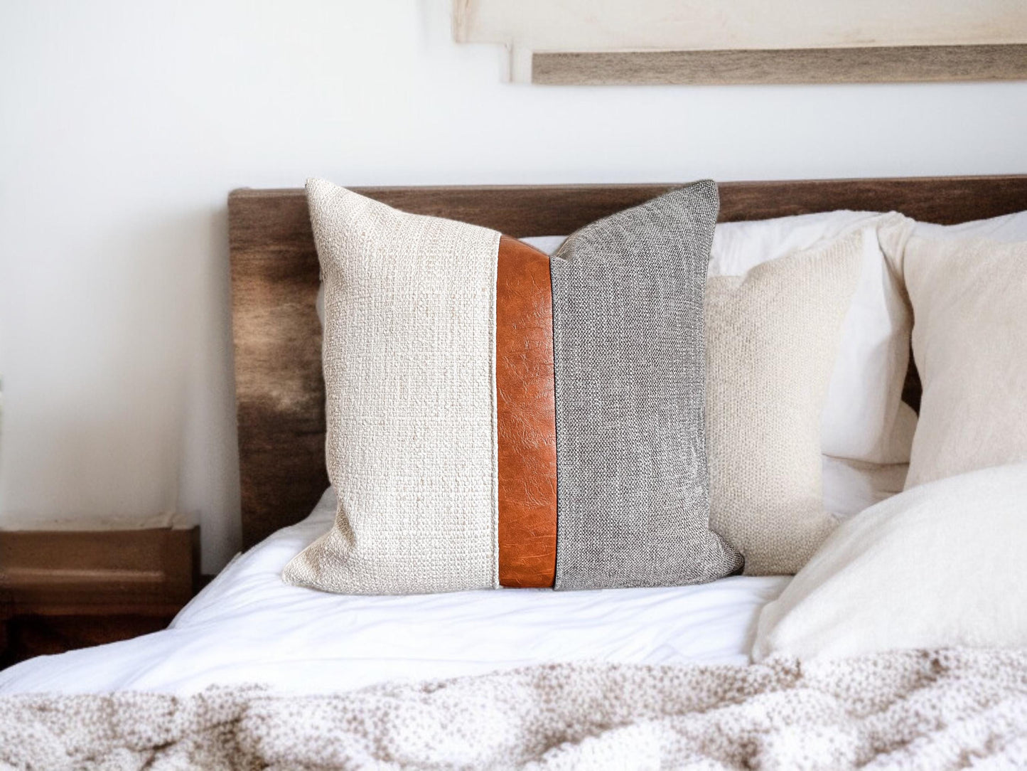 Cognac Faux Leather & Grey Woven Pillow Cover: Farmhouse Decorative Throw Cushions