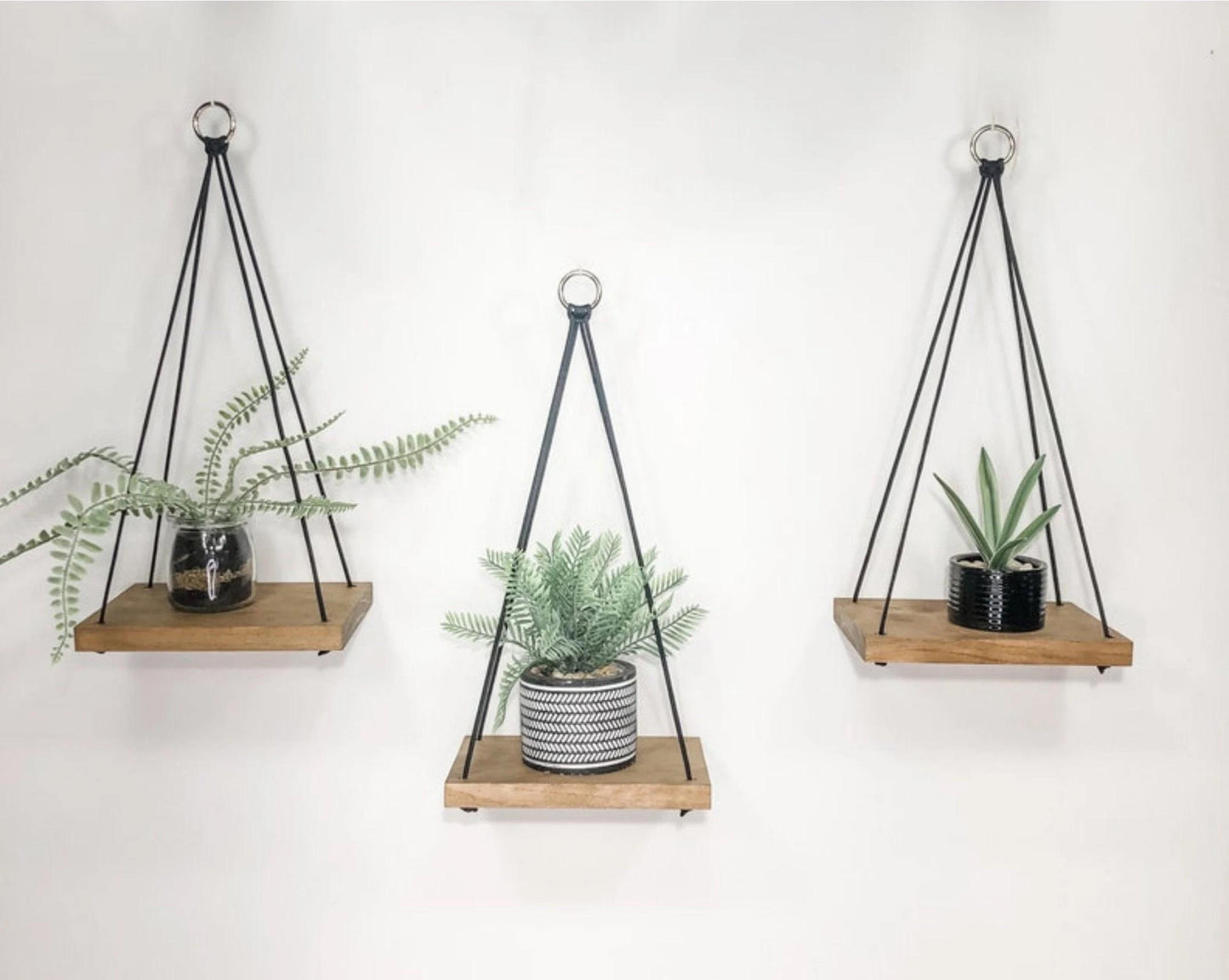 Boho Wood Hanging Shelves Set of 3: Handmade Plant Display, Small Space Decor