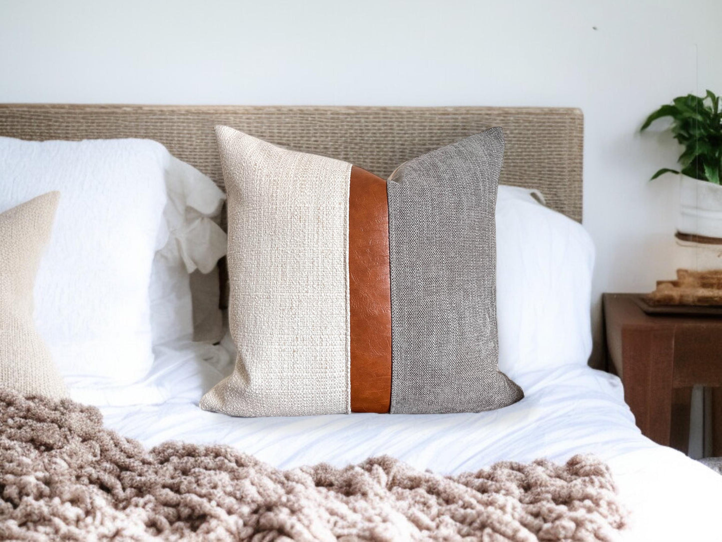 Cognac Faux Leather & Grey Woven Pillow Cover: Farmhouse Decorative Throw Cushions