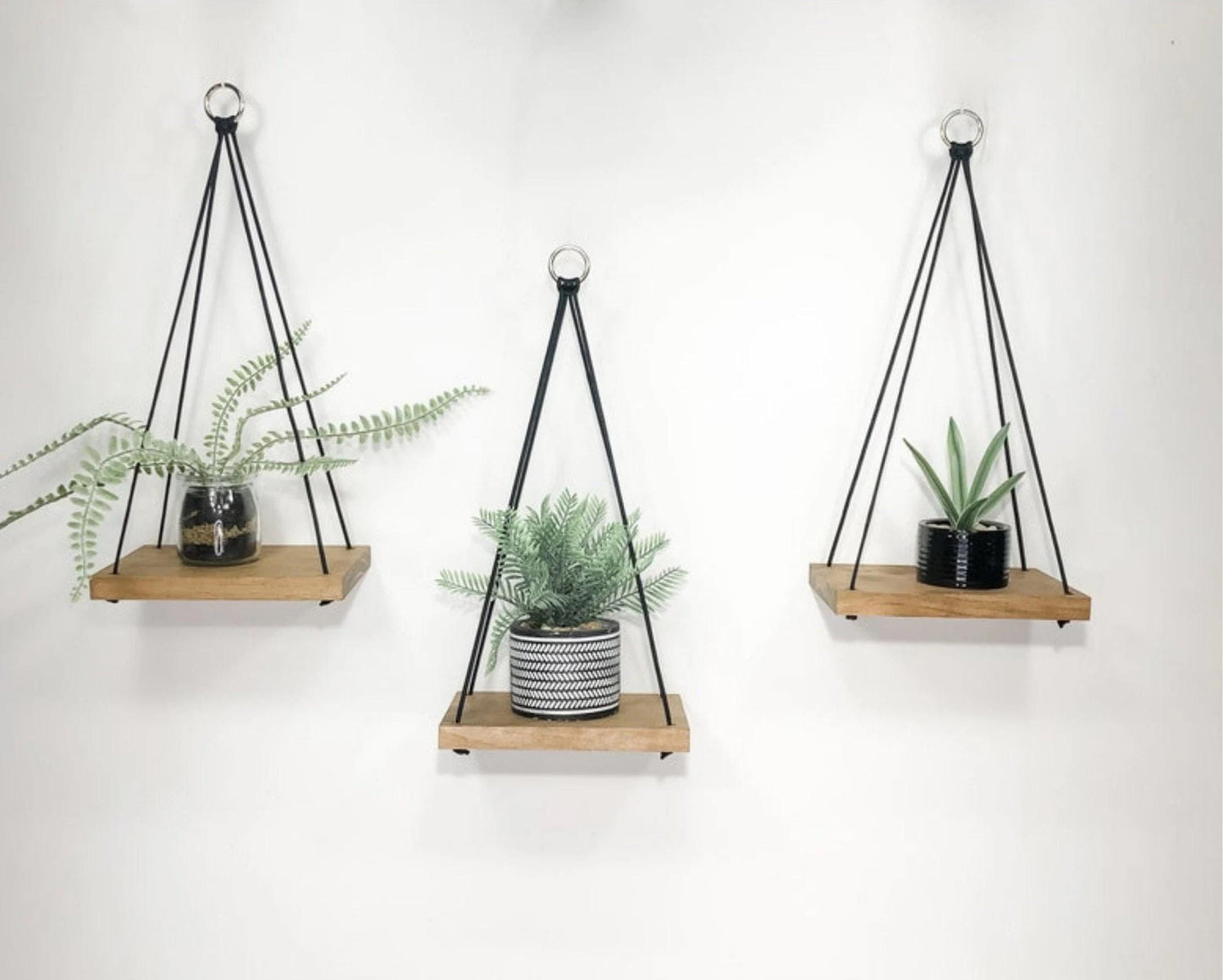 Boho Wood Hanging Shelves Set of 3: Handmade Plant Display, Small Space Decor