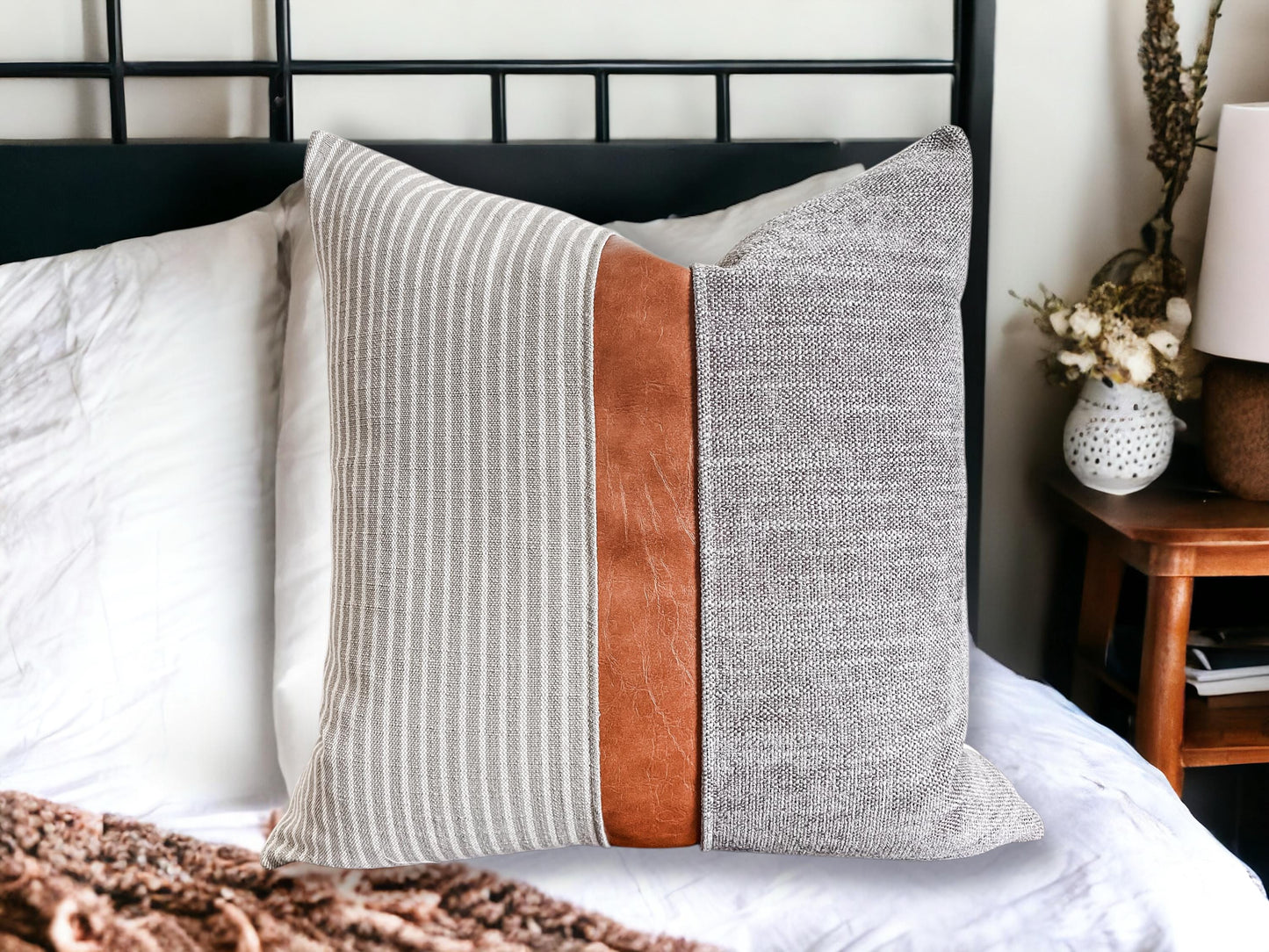 Grey & White Striped Pillow Cover: Cognac Faux Leather with Grey Woven Fabric, Farmhouse Decor