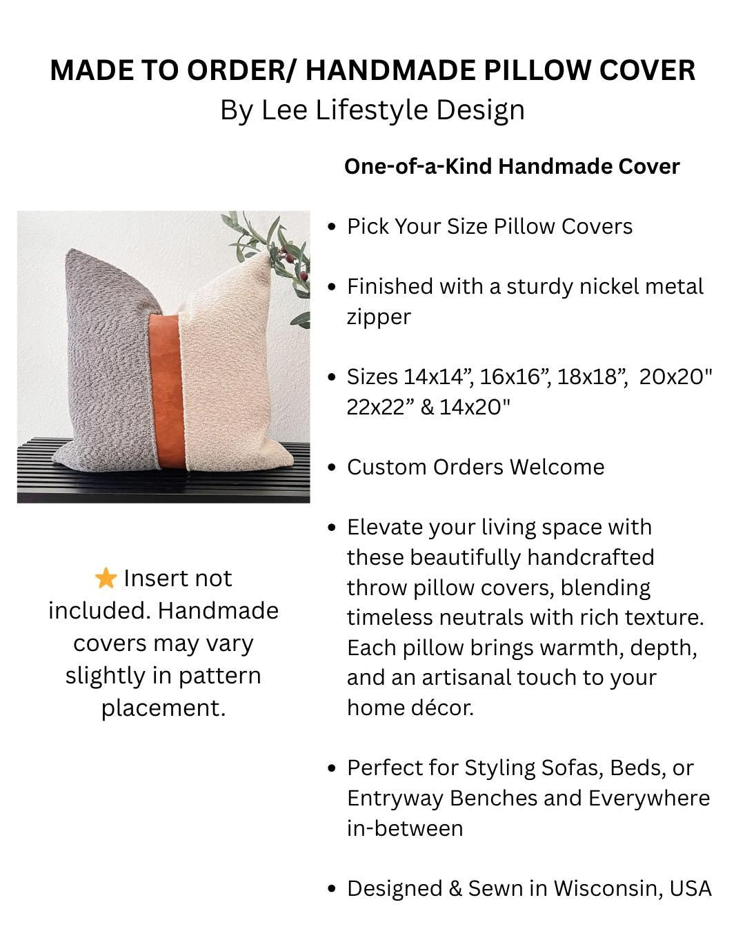 Cognac Faux Leather & Grey Woven Pillow Cover: Farmhouse Decorative Throw Cushions