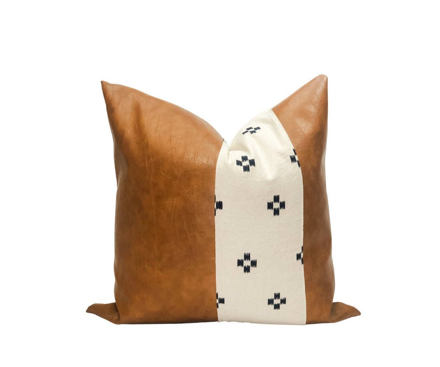 Cognac Faux Leather Pillow Cover: Cream & Blue Squares Accent, Mid-Century Modern Throw Pillow