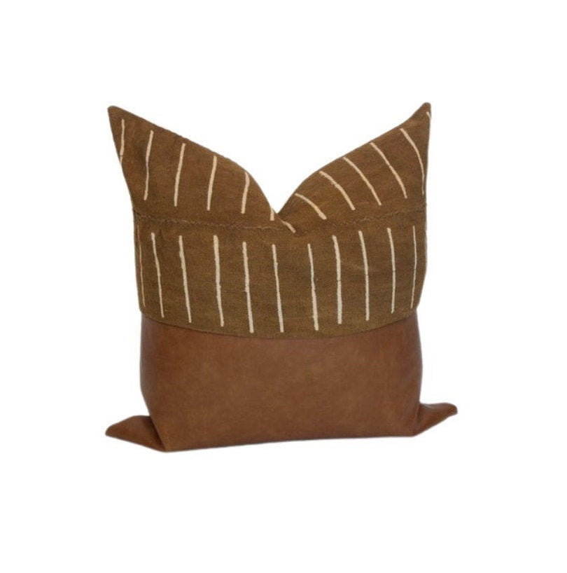 Mudcloth & Faux Leather Pillow Cover: Color Block Cushion Cover, Scandinavian Home Decor