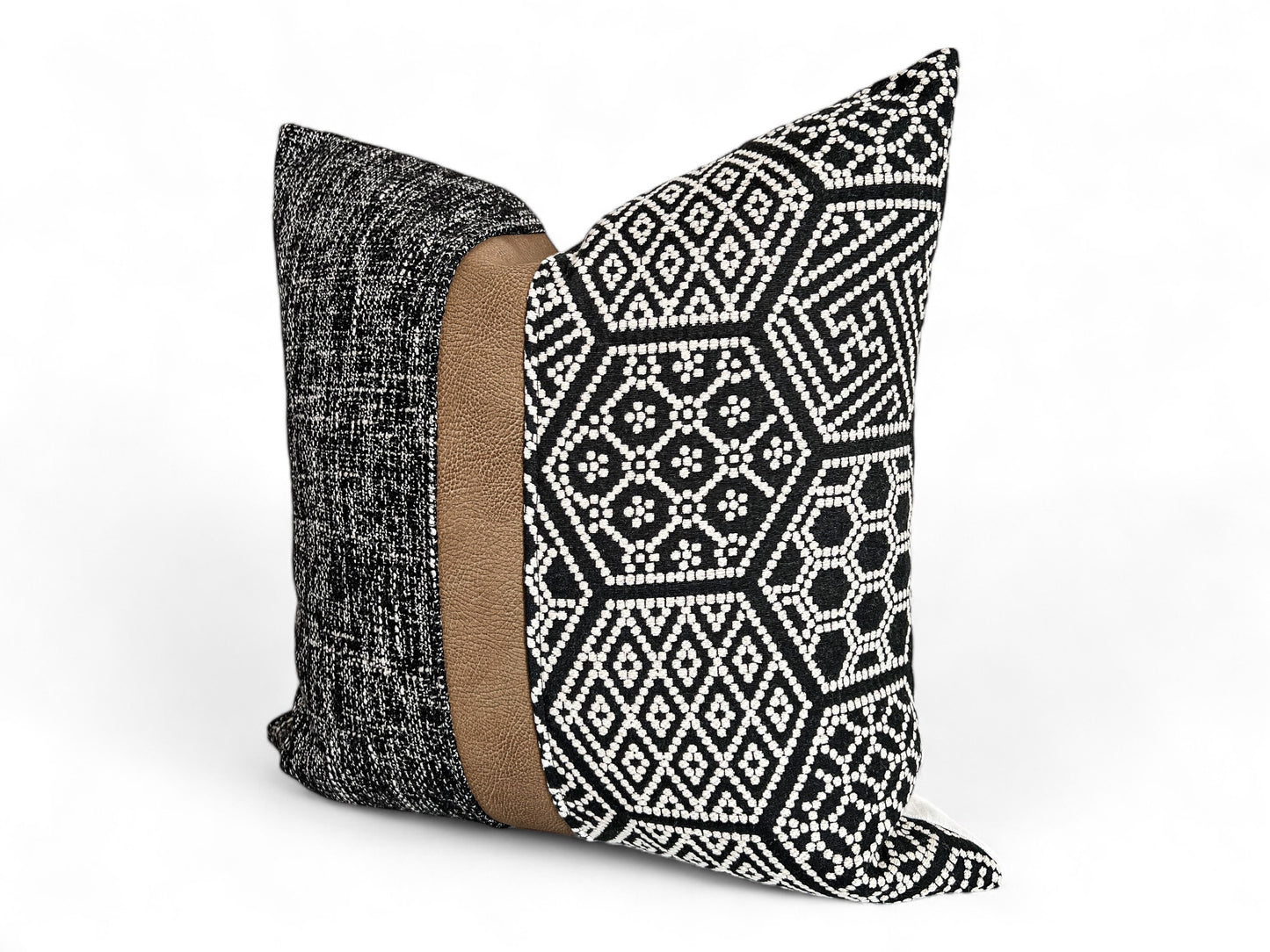 Black Woven Fabric with Tan Faux Leather Pillow Cover: Farmhouse Throw Pillow