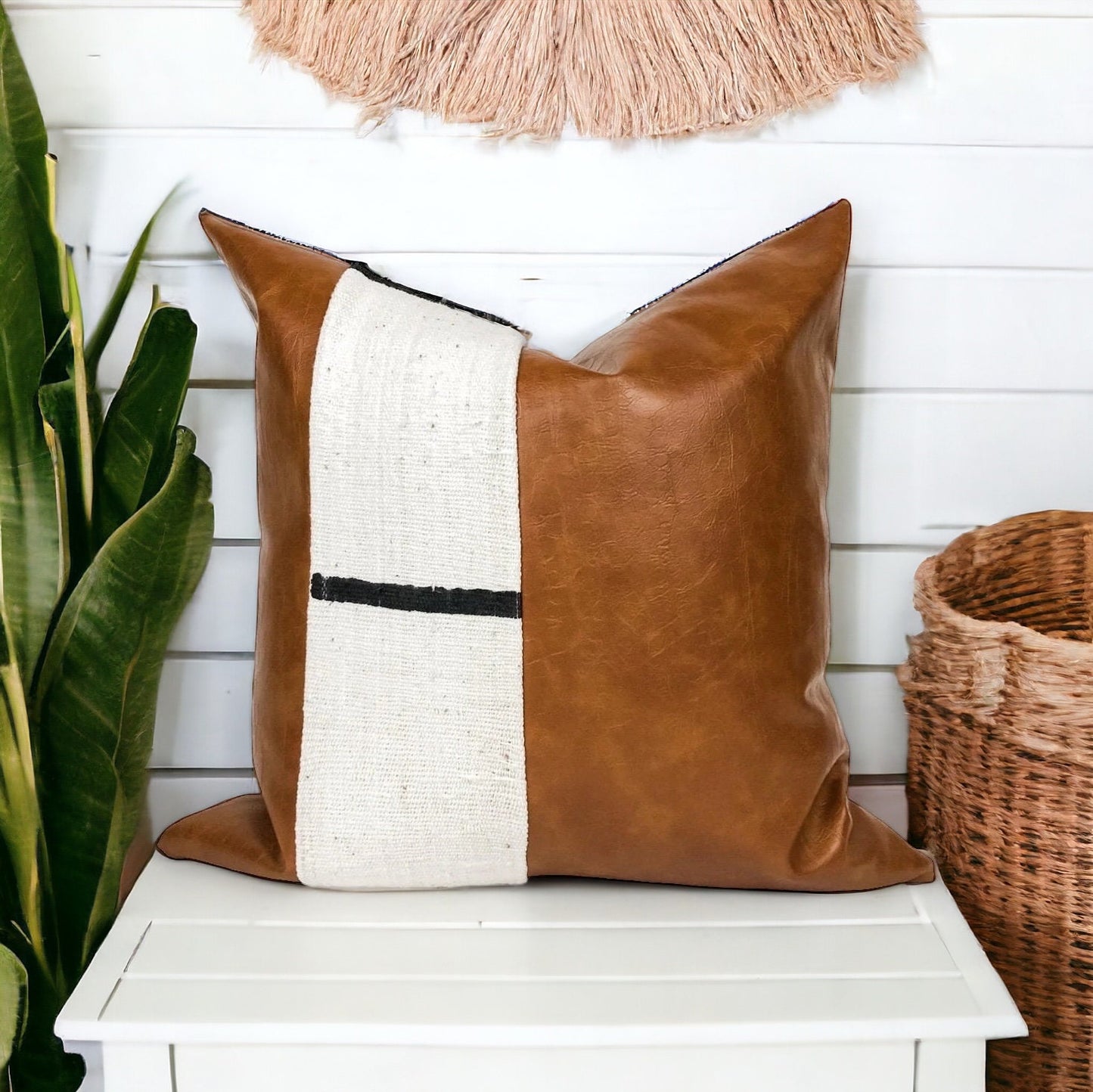 Cream Mudcloth, Faux Leather Throw Pillow Cover: Boho Accent Cushion