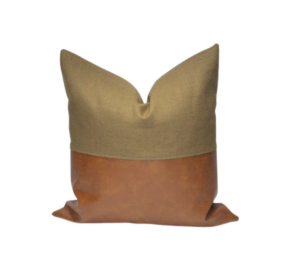 Cognac & Olive Green Faux Leather Pillow Cover: Contemporary Throw Pillow For Living Room