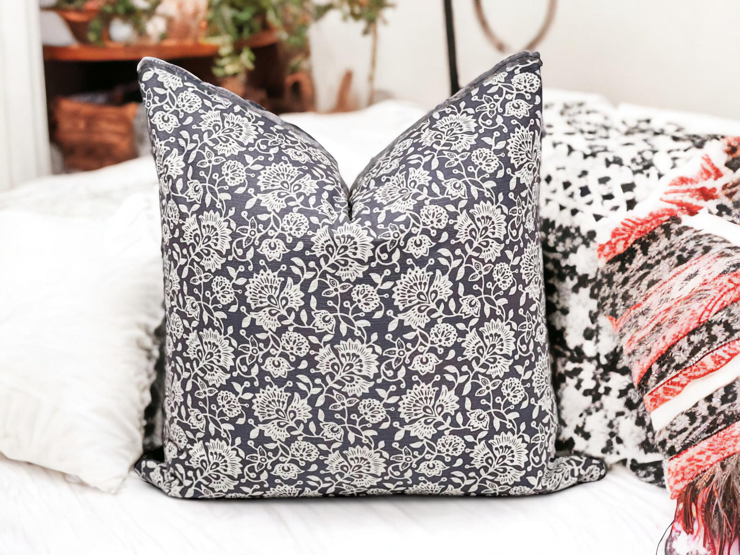 Grey Floral Pillow Cover: Modern Boho Throw Pillow, Decorative Sofa Cushion