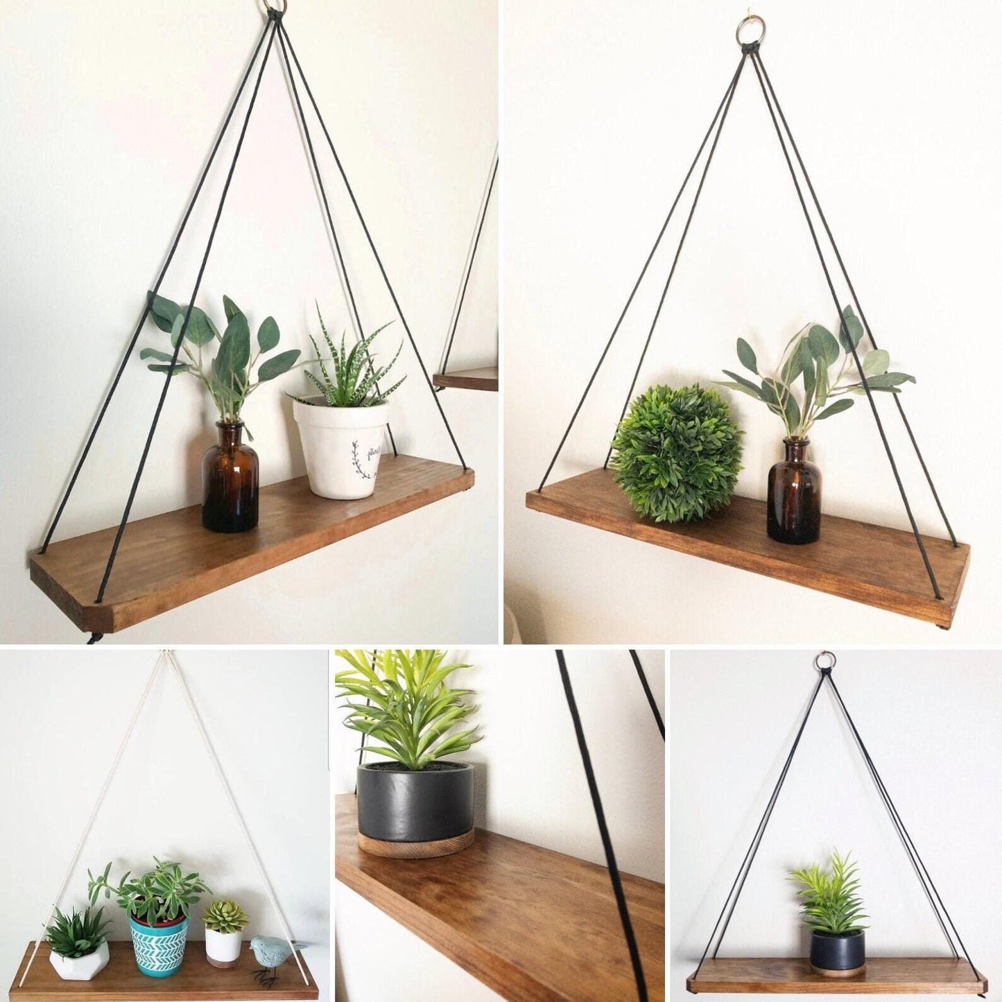 Wood Hanging Shelf: Handmade Farmhouse Decor with Black Rope & Silver Ring
