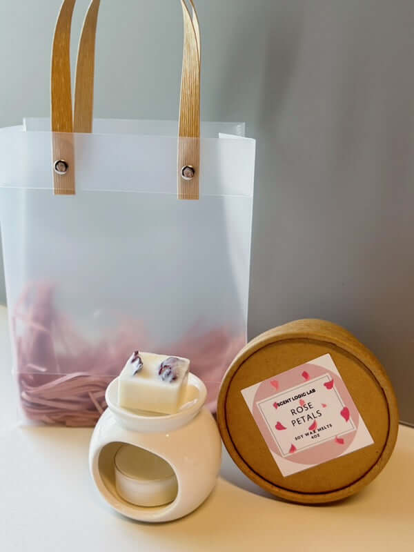 Rose Petal Wax Melter Gift Set | Ceramic Melter + 4oz Soy Wax Melts + Tealight Candle