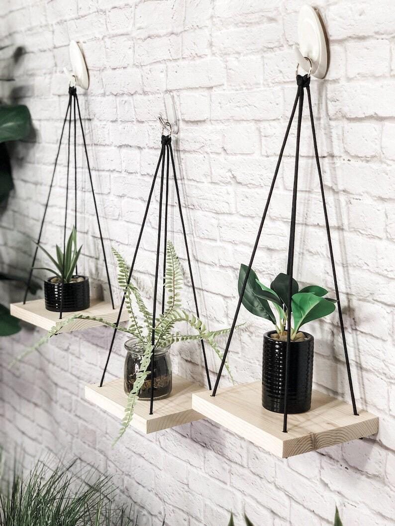 Whitewashed Wood Hanging Shelves Set of 3: Rustic Farmhouse Wall Decor & Plant Decor