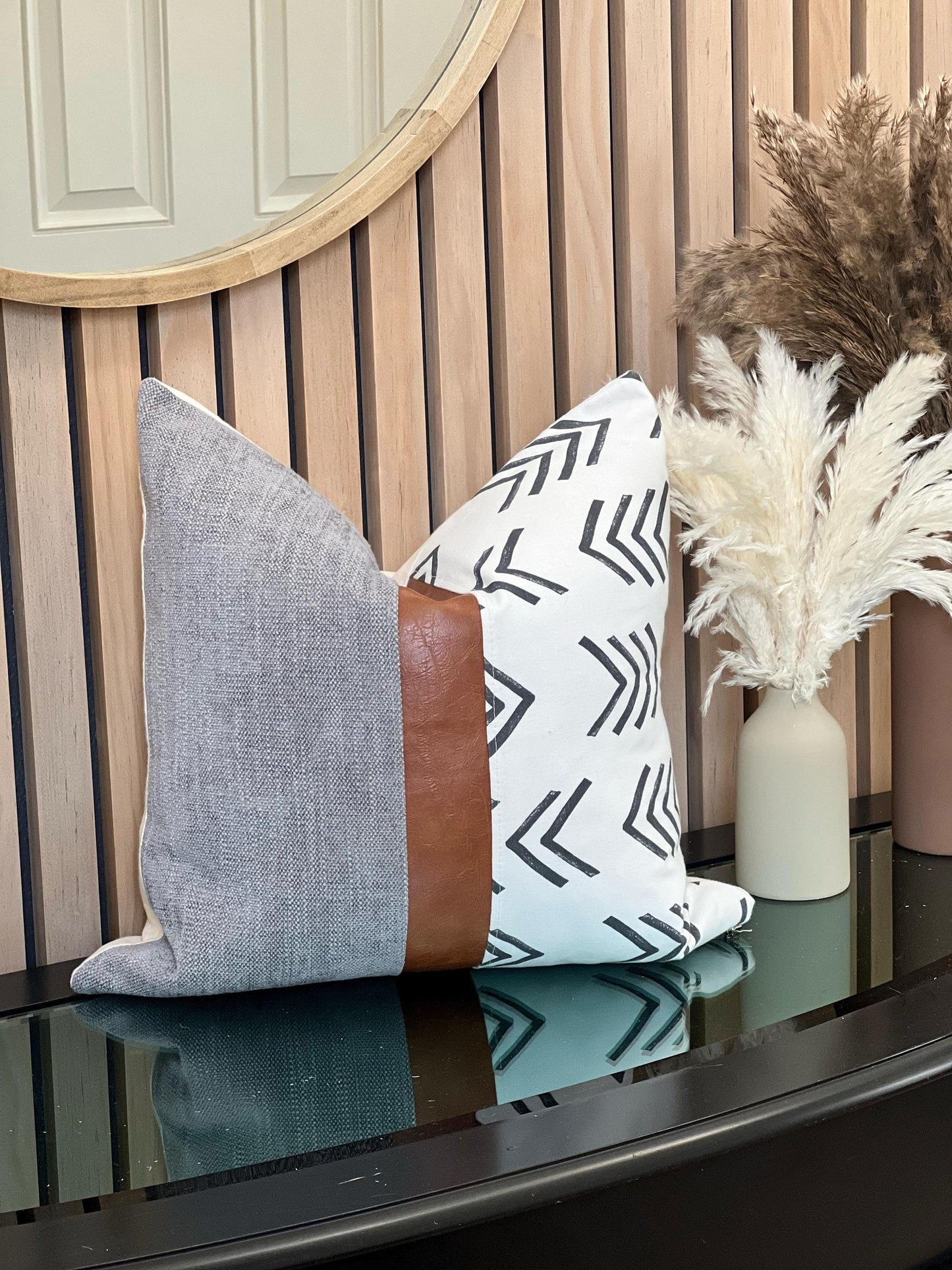 Grey & Cognac Faux Leather Pillow Cover- Neutral Boho Throw Pillow for Sofa or Bed