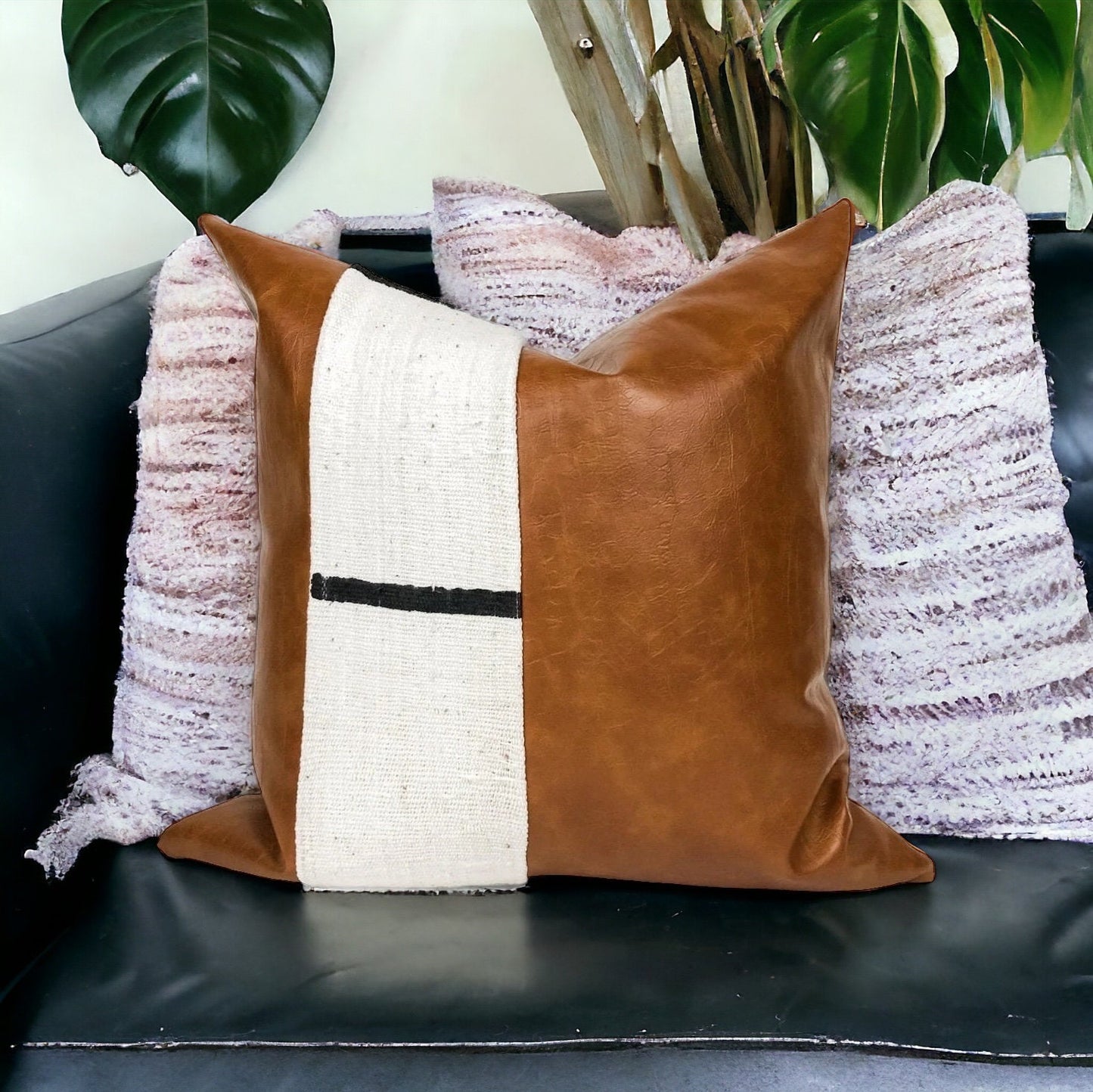 Cream Mudcloth, Faux Leather Throw Pillow Cover: Boho Accent Cushion