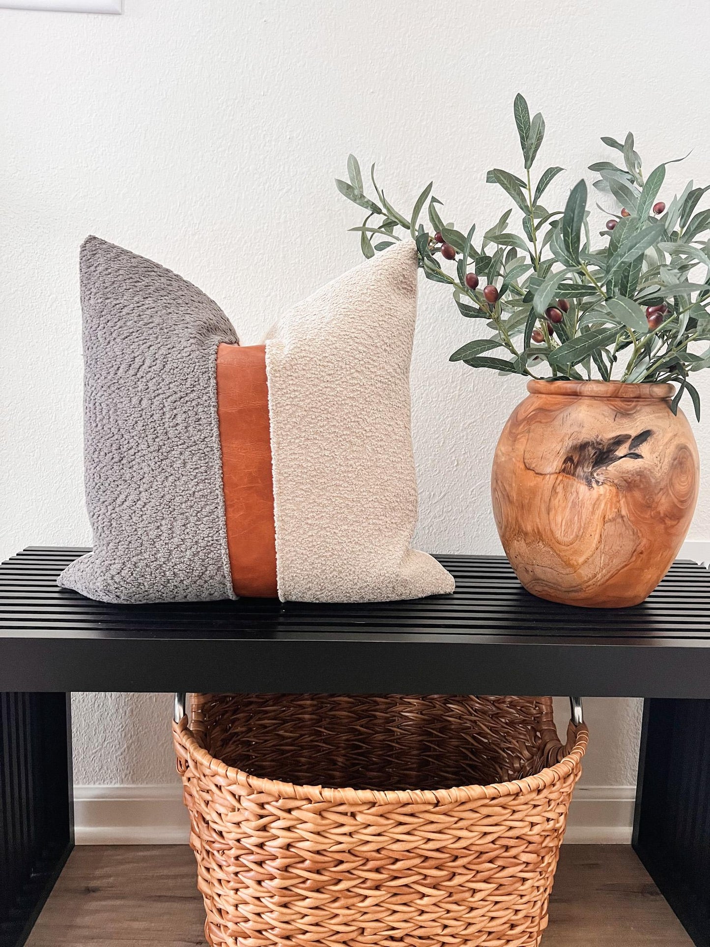Cognac Faux Leather & Grey Woven Pillow Cover: Farmhouse Decorative Throw Cushions
