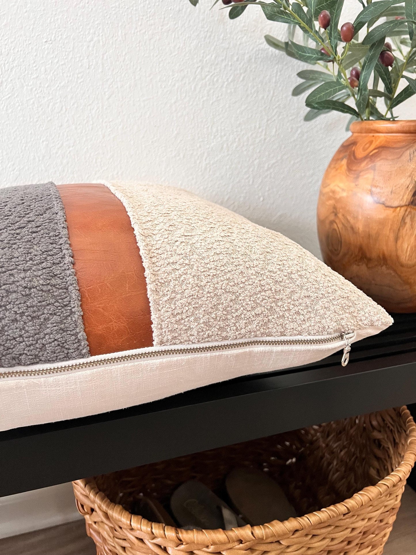Textured Cream & Grey, Faux Leather Pillow Cover: Scandinavian Accent Pillow