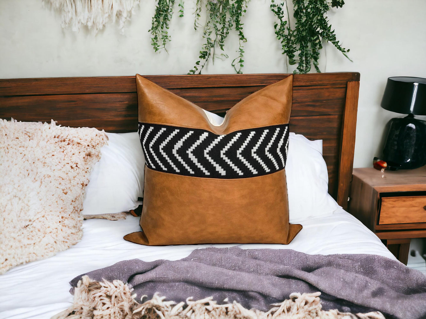 Cognac Faux Leather Pillow Cover: Black Arrow, Modern  Boho Throw Pillow