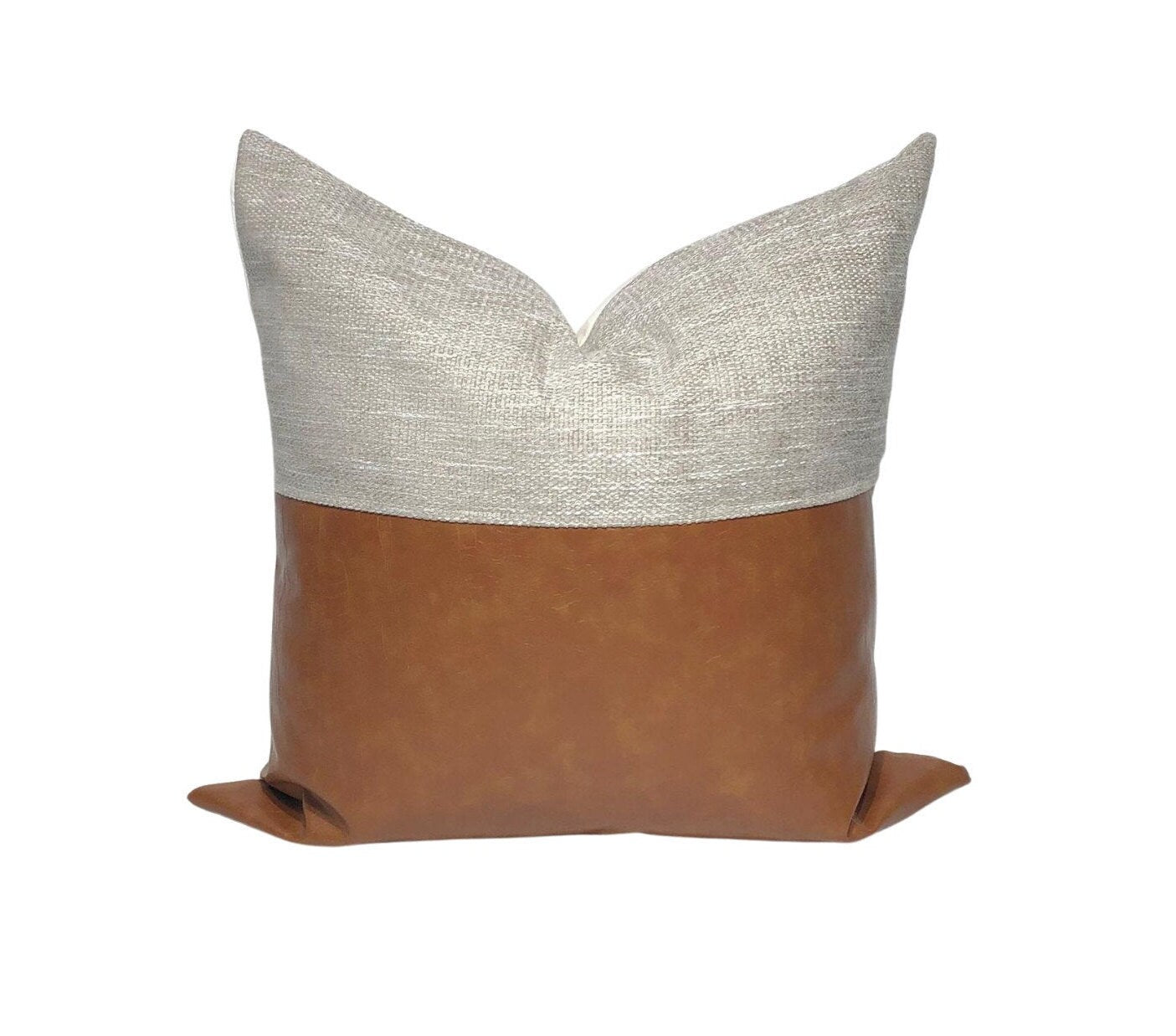 Mid-Century Modern Pillow Cover: Grey Beige & Cognac Faux Leather, Throw Pillow