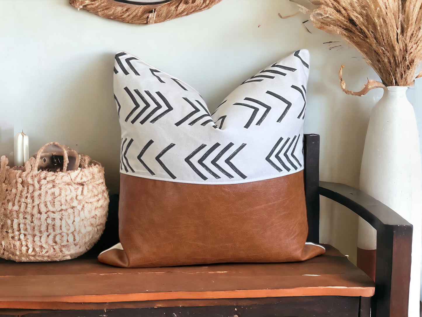 Mudcloth Inspired Print, Cognac Faux Leather Cushion: Boho Throw Pillow