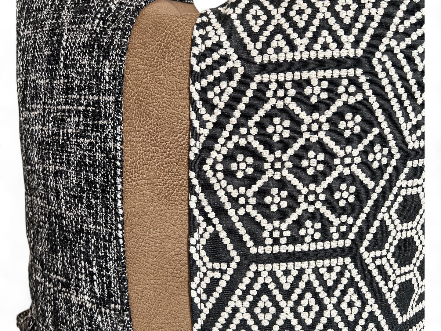 Black Woven Fabric with Tan Faux Leather Pillow Cover: Farmhouse Throw Pillow