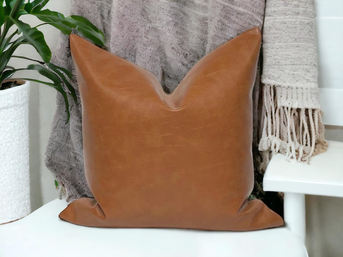 Cognac Faux Leather Pillow Cover: Rustic Modern Accent Cushion, Throw Pillow