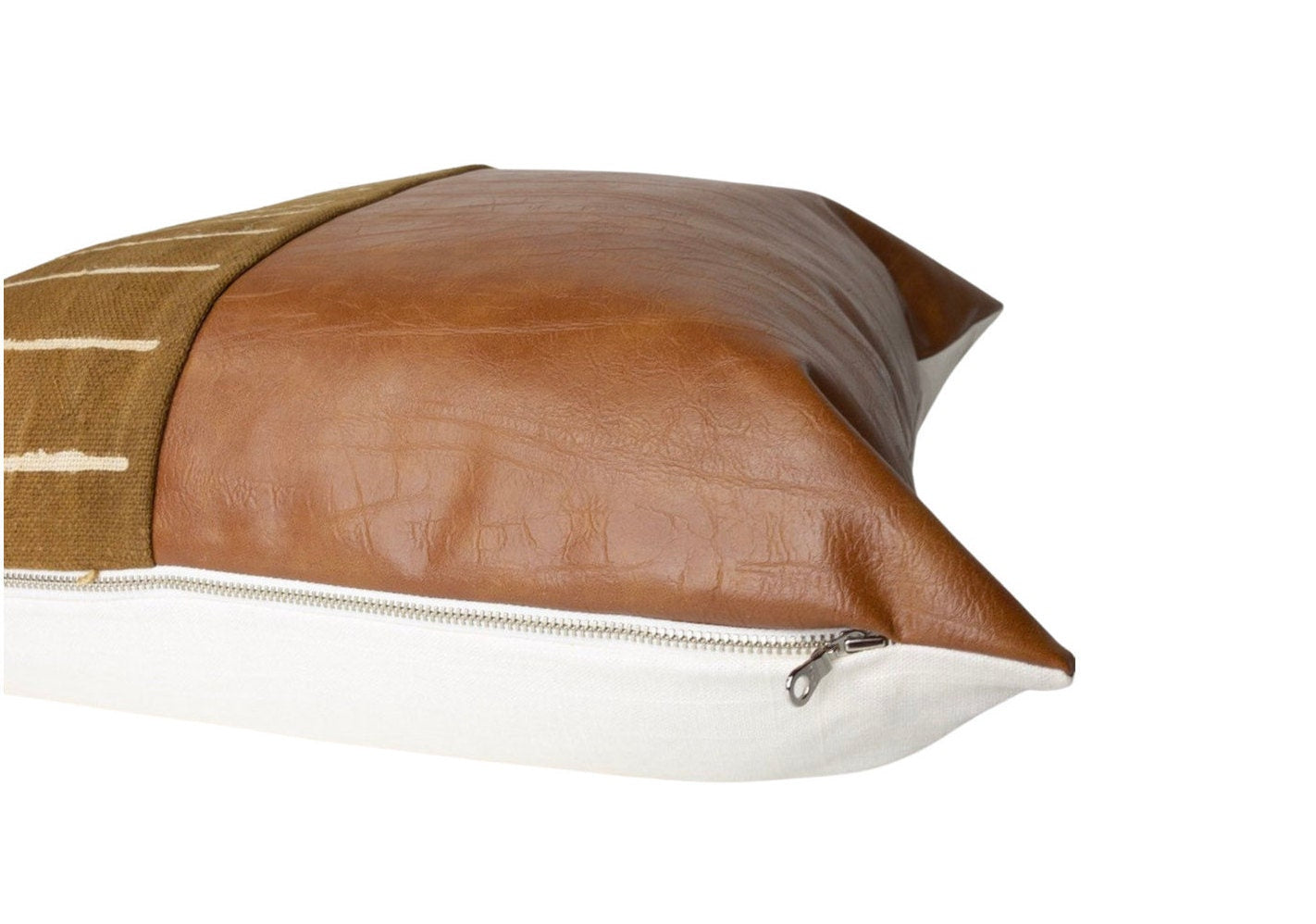 Handmade Cognac Leather & Mudcloth Pillow Cover: Mid-Century Home Decor, Accent
