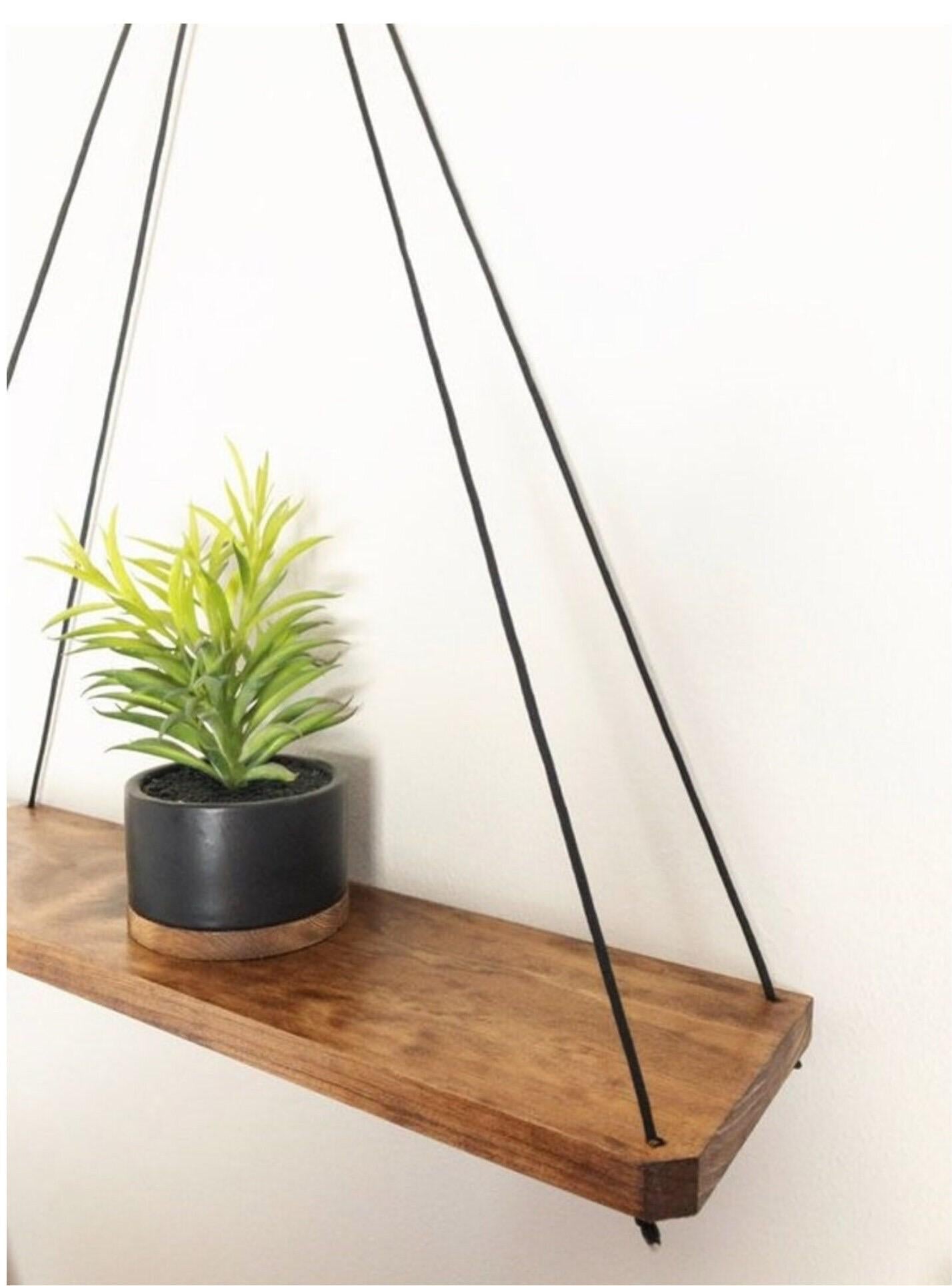Wood Hanging Shelf: Handmade Farmhouse Decor with Black Rope & Silver Ring