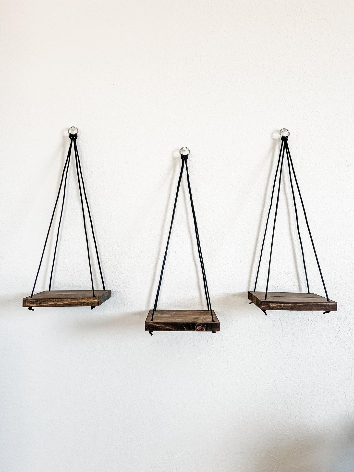 Wood Hanging Shelves Set of 3: Espresso Stain, Black Rope, Small Space