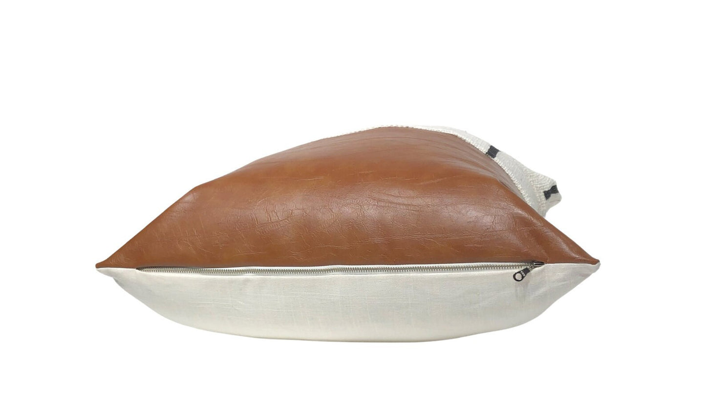 Mudcloth & Faux Leather Pillow Cover: Color Block Accent Pillow, Neutral Home Decor